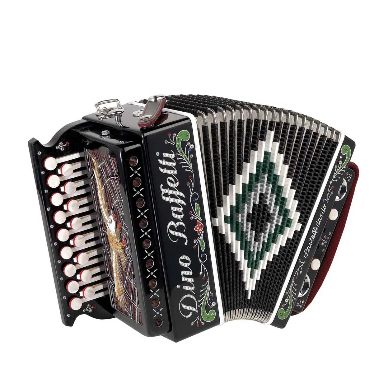 Dino Baffetti diatonic accordion with green patterned bellows