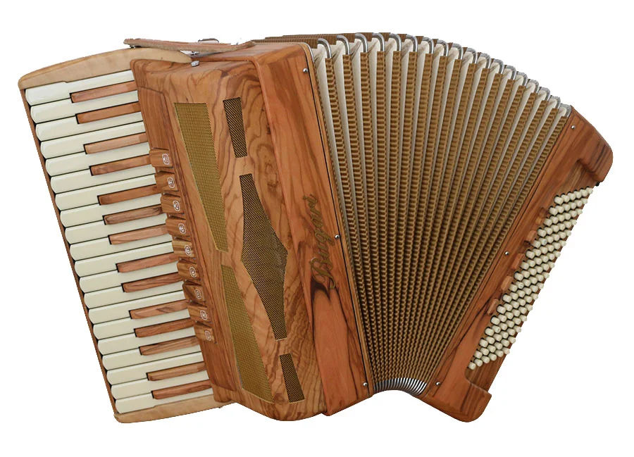 Wood-finished accordion illustrated on Emilio’s pre-owned page; availability by inquiry